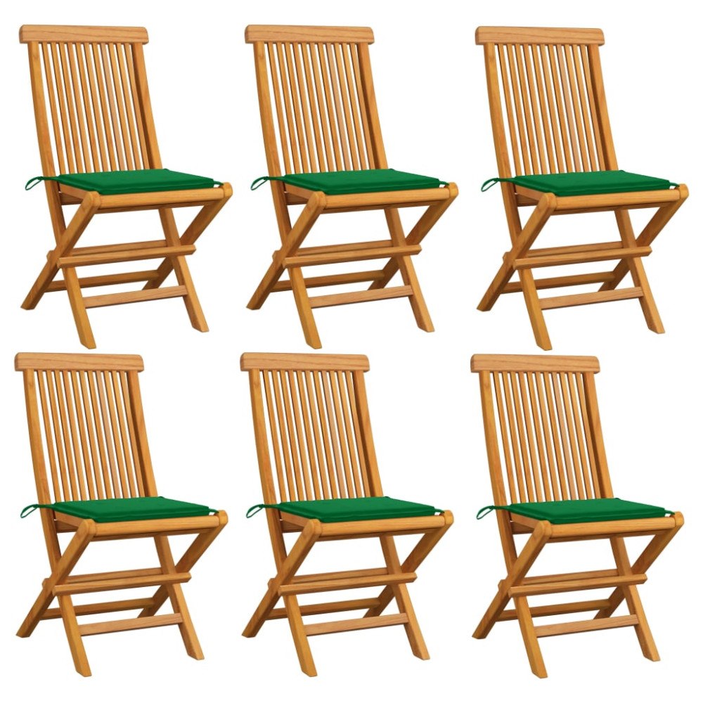 vidaXL Trädgårdsstolar med gröna dynor 6 st massiv teak