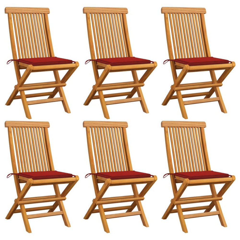 vidaXL Trädgårdsstolar med röda dynor 6 st massiv teak