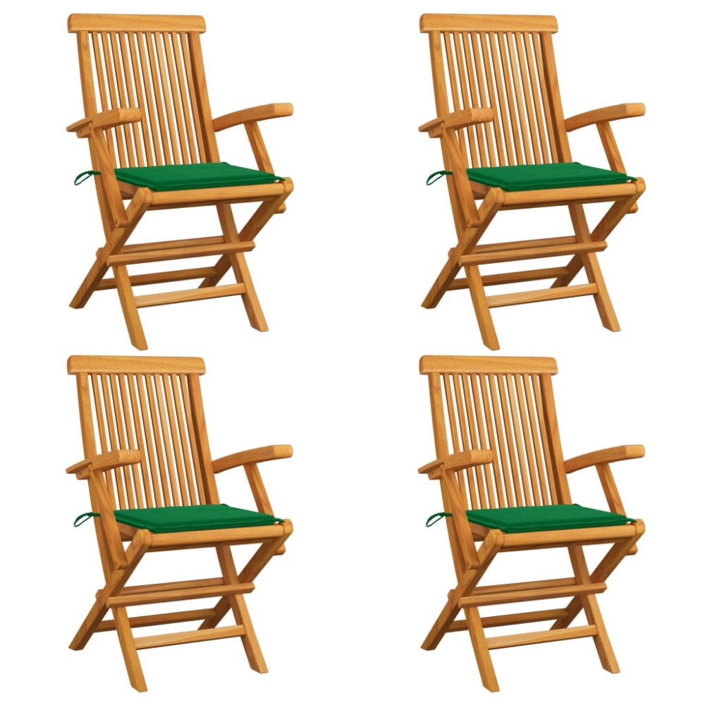 vidaXL Trädgårdsstolar med gröna dynor 4 st massiv teak