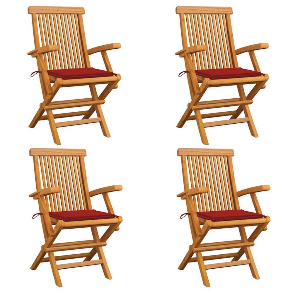 vidaXL Trädgårdsstolar med röda dynor 4 st massiv teak