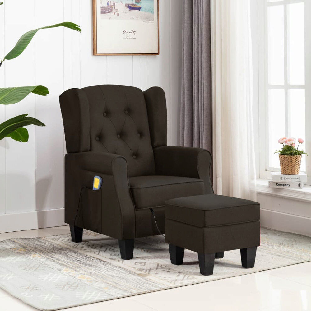 vidaXL Massagefåtölj med fotpall mörkbrun tyg
