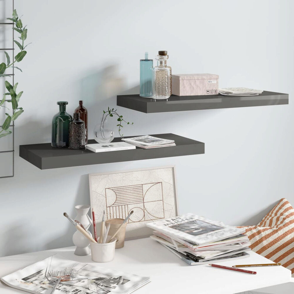 vidaXL Svävande vägghyllor 2 st grå högglans 60x23,5x3,8 cm MDF