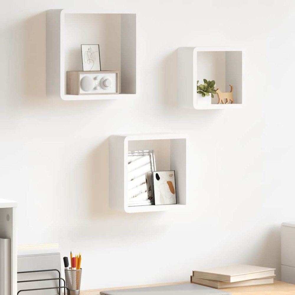 vidaXL Vägghyllor kub 3 st vit MDF