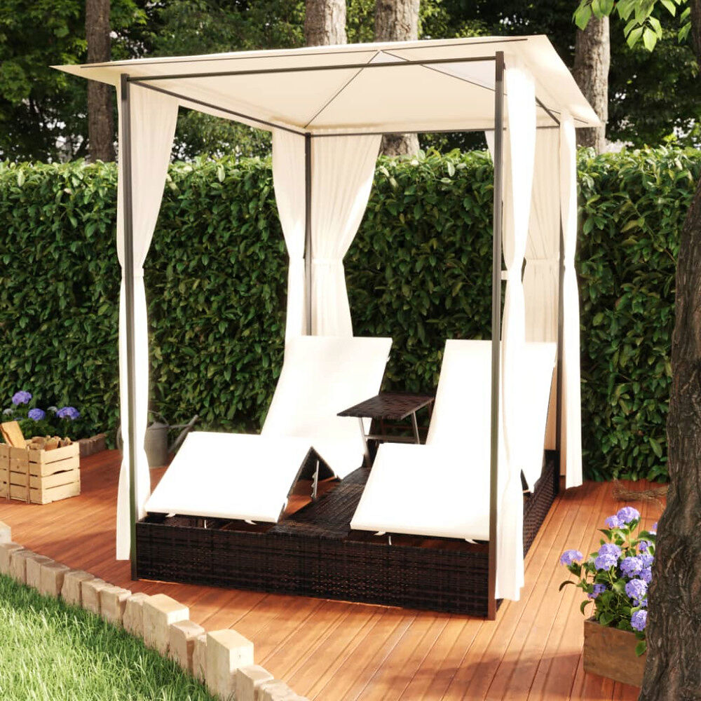vidaXL Dubbel solsäng med gardin konstrotting brun