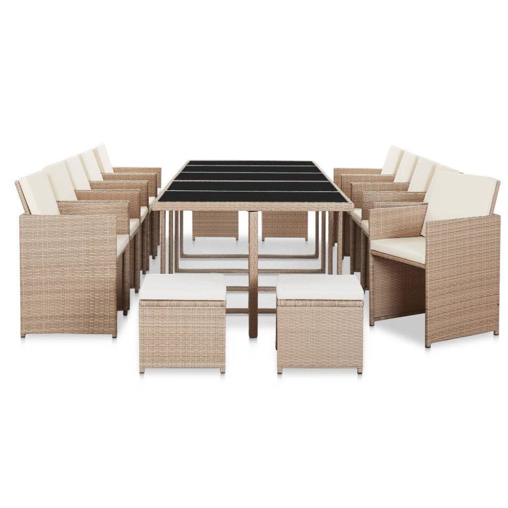 vidaXL Matgrupp för trädgården med dynor 15 delar konstrotting beige