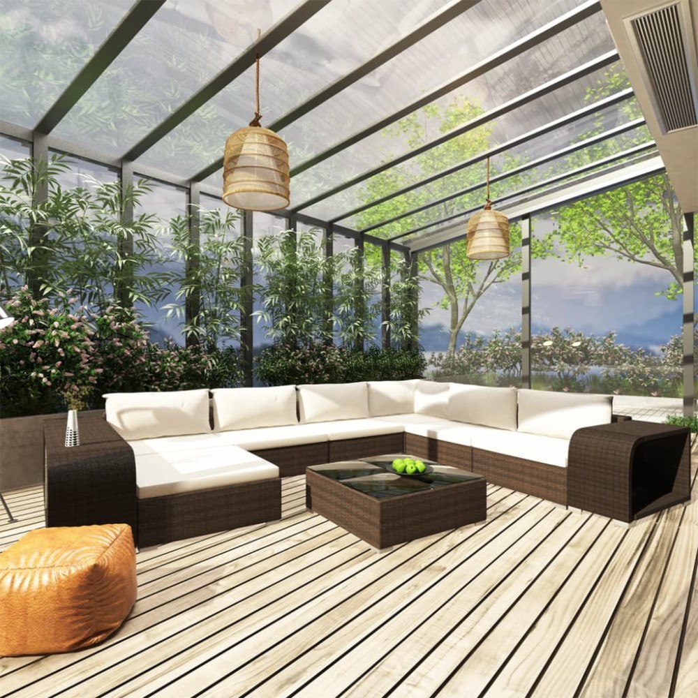 vidaXL Loungegrupp för trädgården med dynor 10 delar konstrotting brun