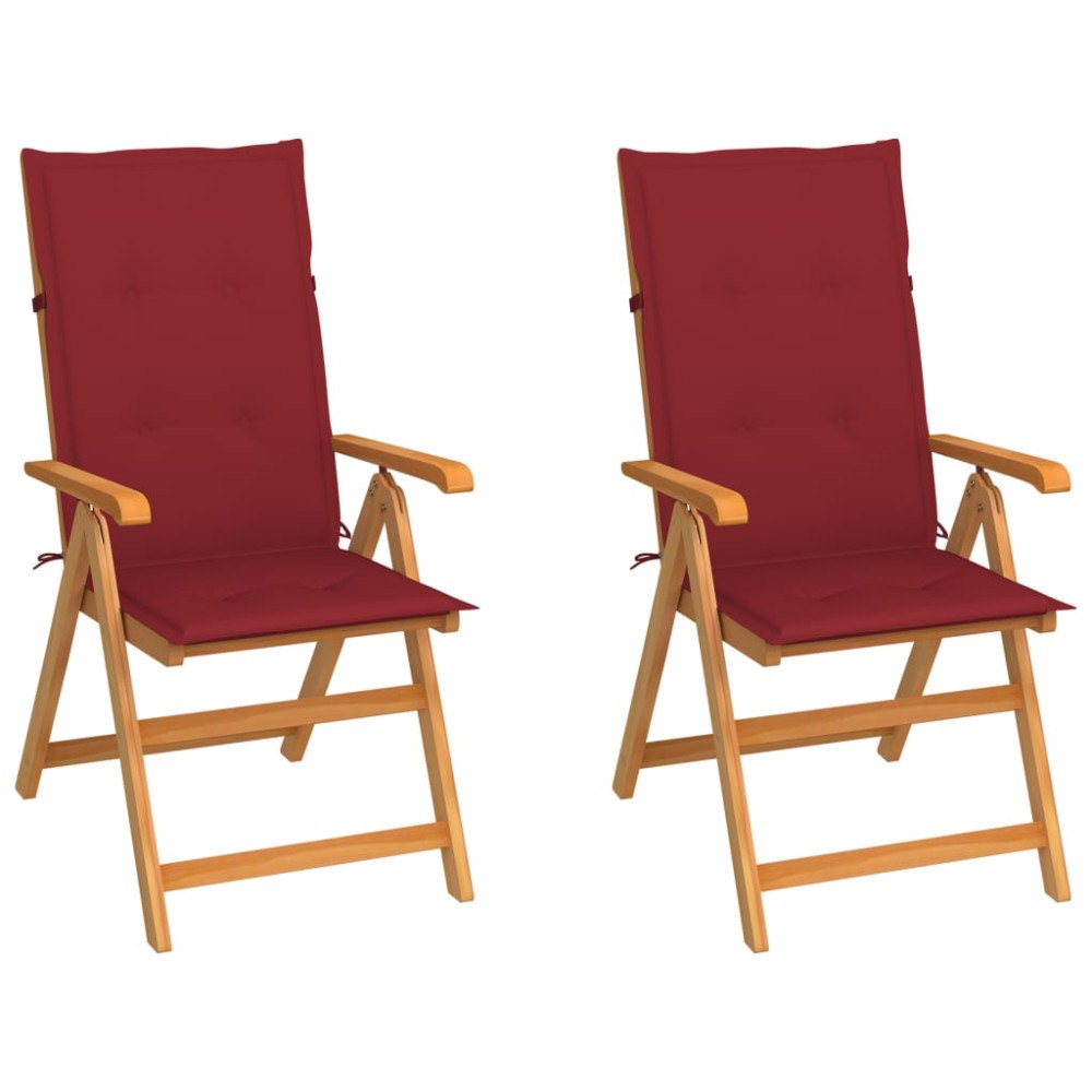 vidaXL Trädgårdsstolar 2 st med vinröda dynor massiv teak