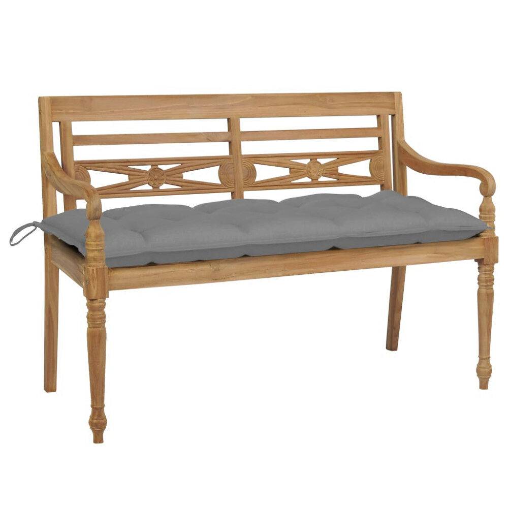 vidaXL Bataviabänk med grå dyna 120 cm massiv teak