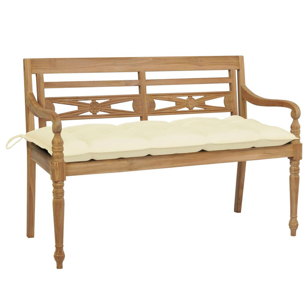 vidaXL Bataviabänk med gräddvit dyna 120 cm massiv teak