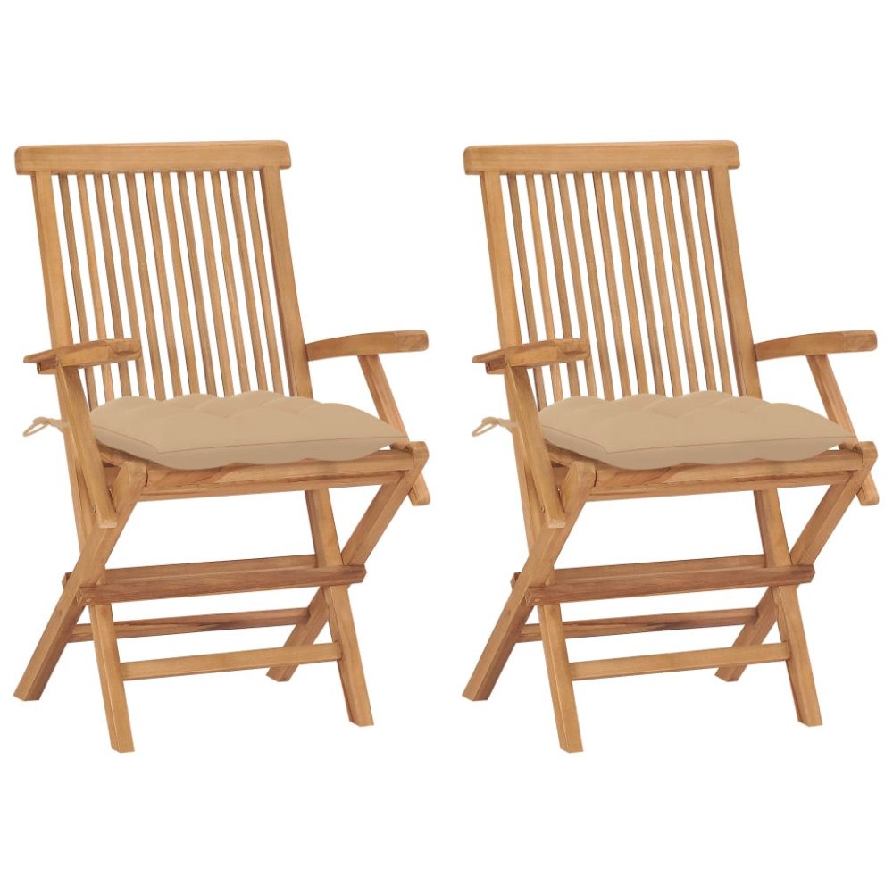vidaXL Trädgårdsstolar med beige dynor 2 st massivt teakträ
