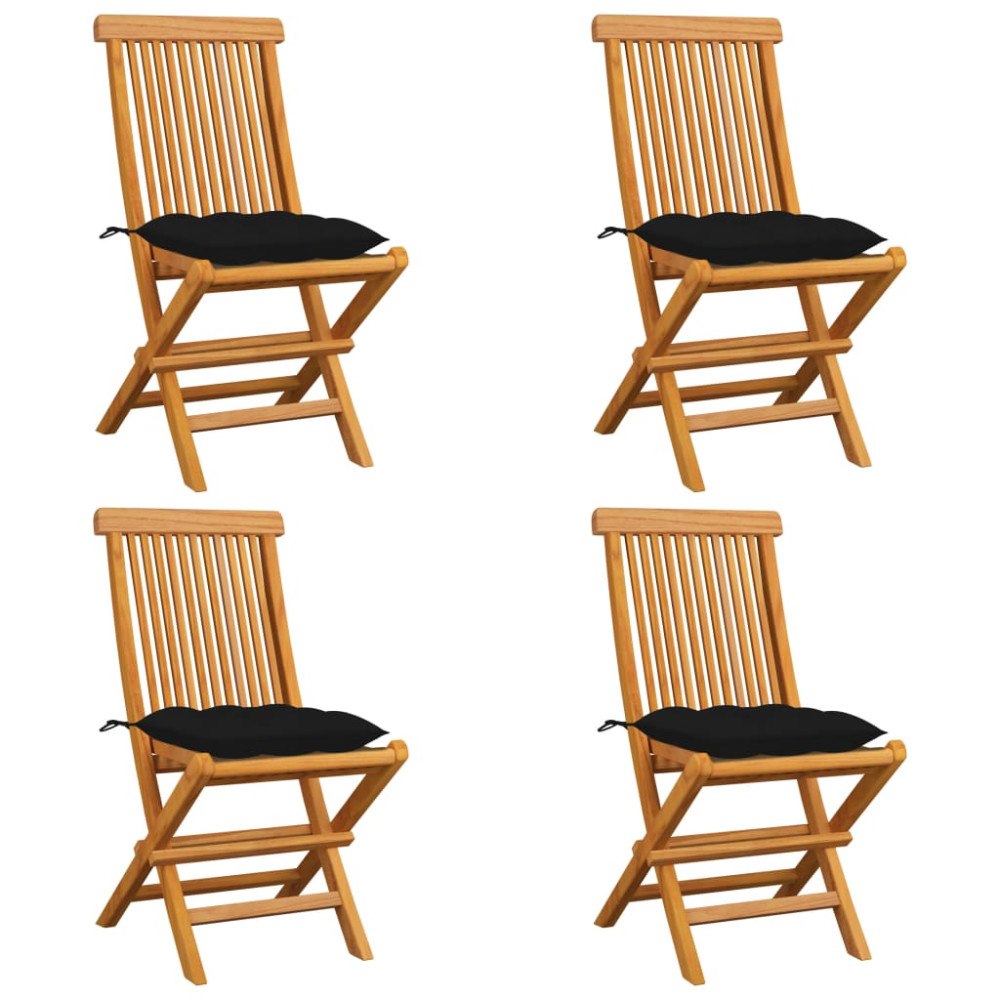 vidaXL Trädgårdsstolar med svarta dynor 4 st massiv teak