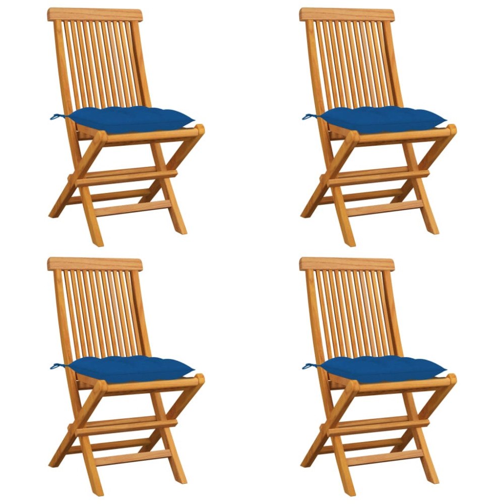 vidaXL Trädgårdsstolar med blåa dynor 4 st massiv teak