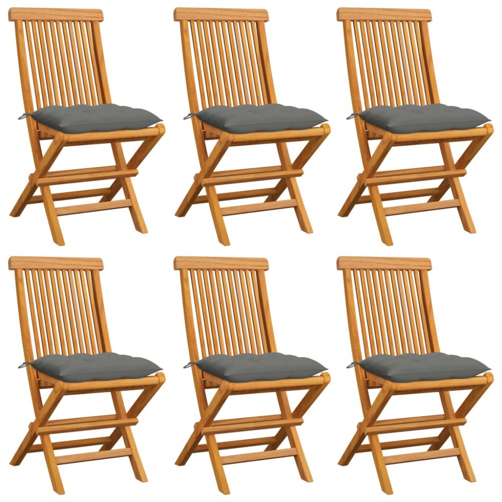 vidaXL Trädgårdsstolar 6 st med gråa dynor massiv teak