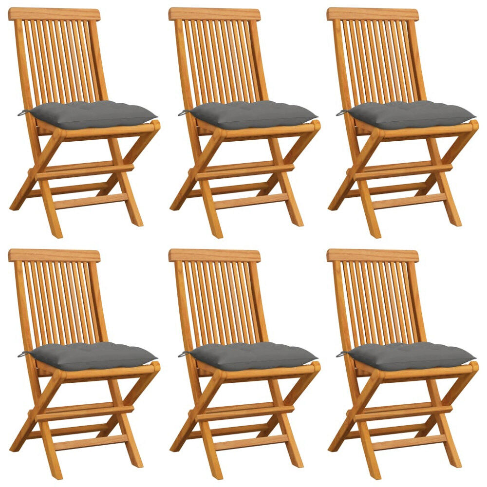 vidaXL Trädgårdsstolar 6 st med gråa dynor massiv teak