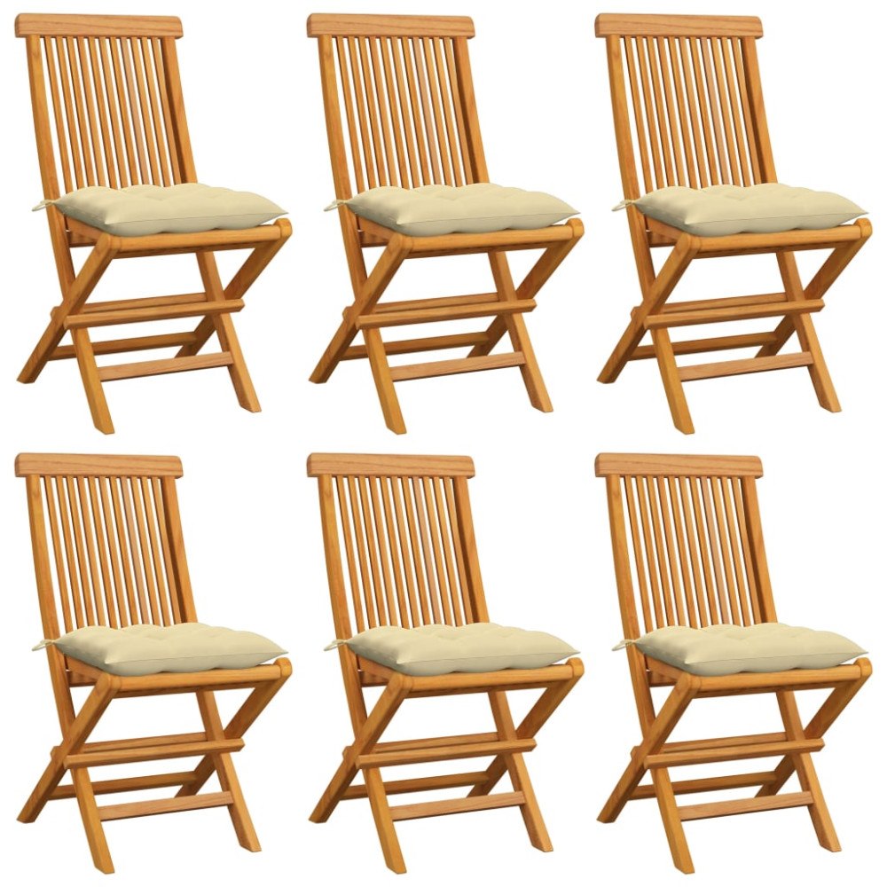 vidaXL Trädgårdsstolar 6 st med gräddvita dynor massiv teak