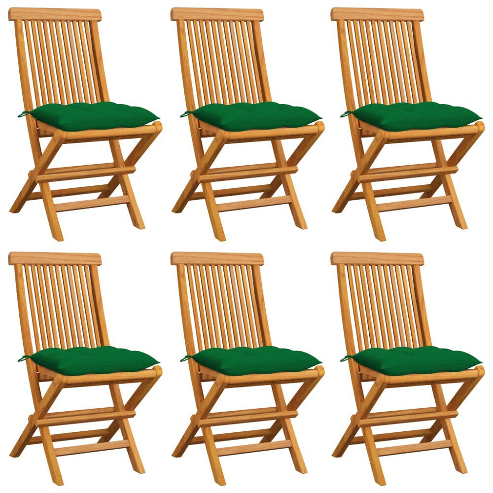 vidaXL Trädgårdsstolar 6 st med gröna dynor massiv teak