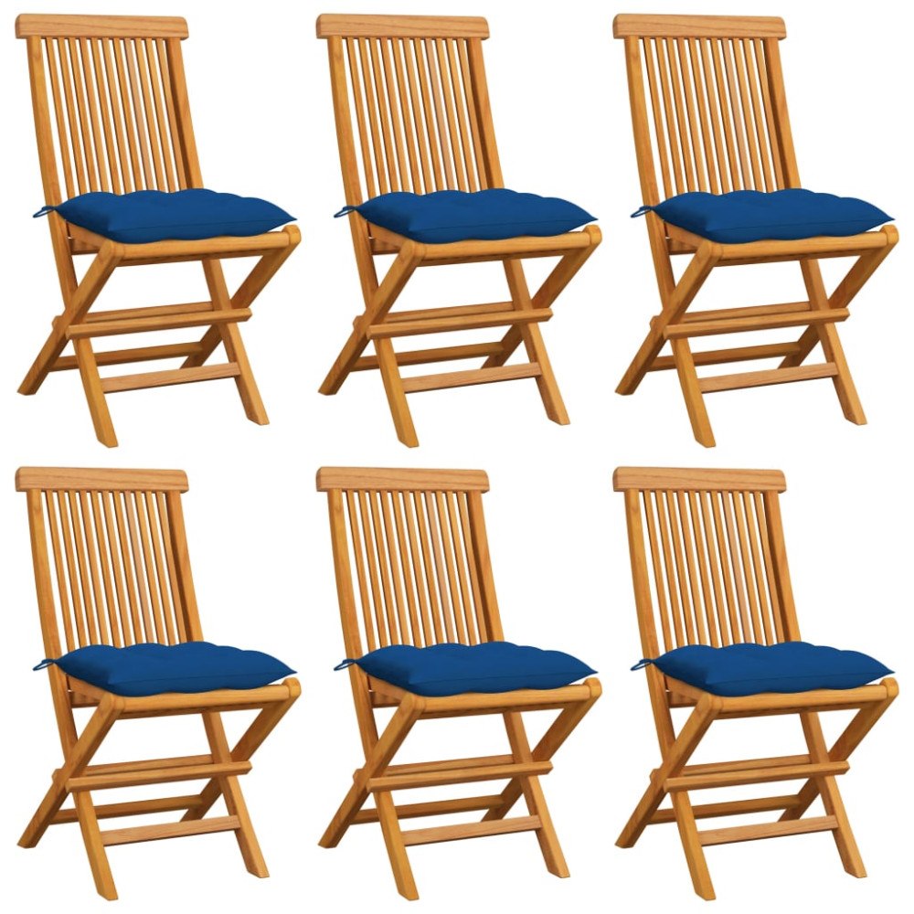 vidaXL Trädgårdsstolar med blåa dynor 6 st massiv teak
