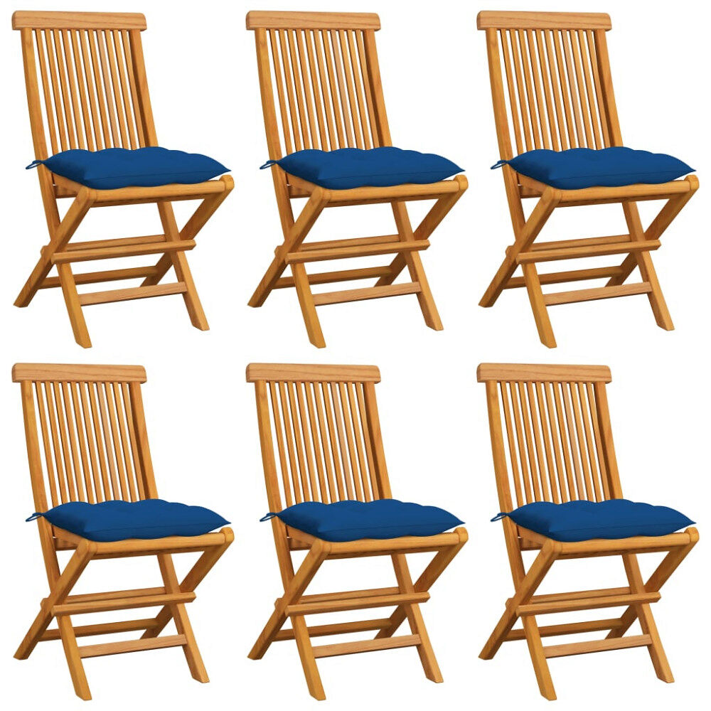 vidaXL Trädgårdsstolar med blåa dynor 6 st massiv teak