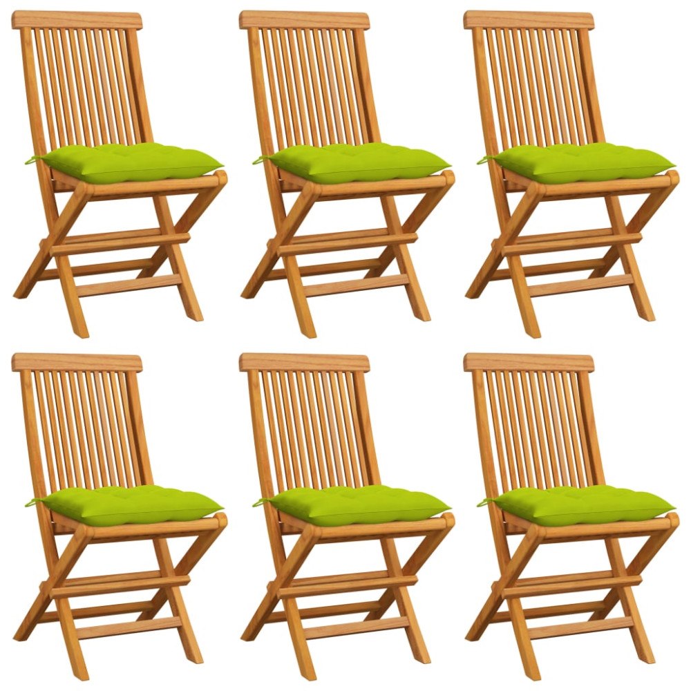 vidaXL Trädgårdsstolar 6 st med ljusgröna dynor massiv teak