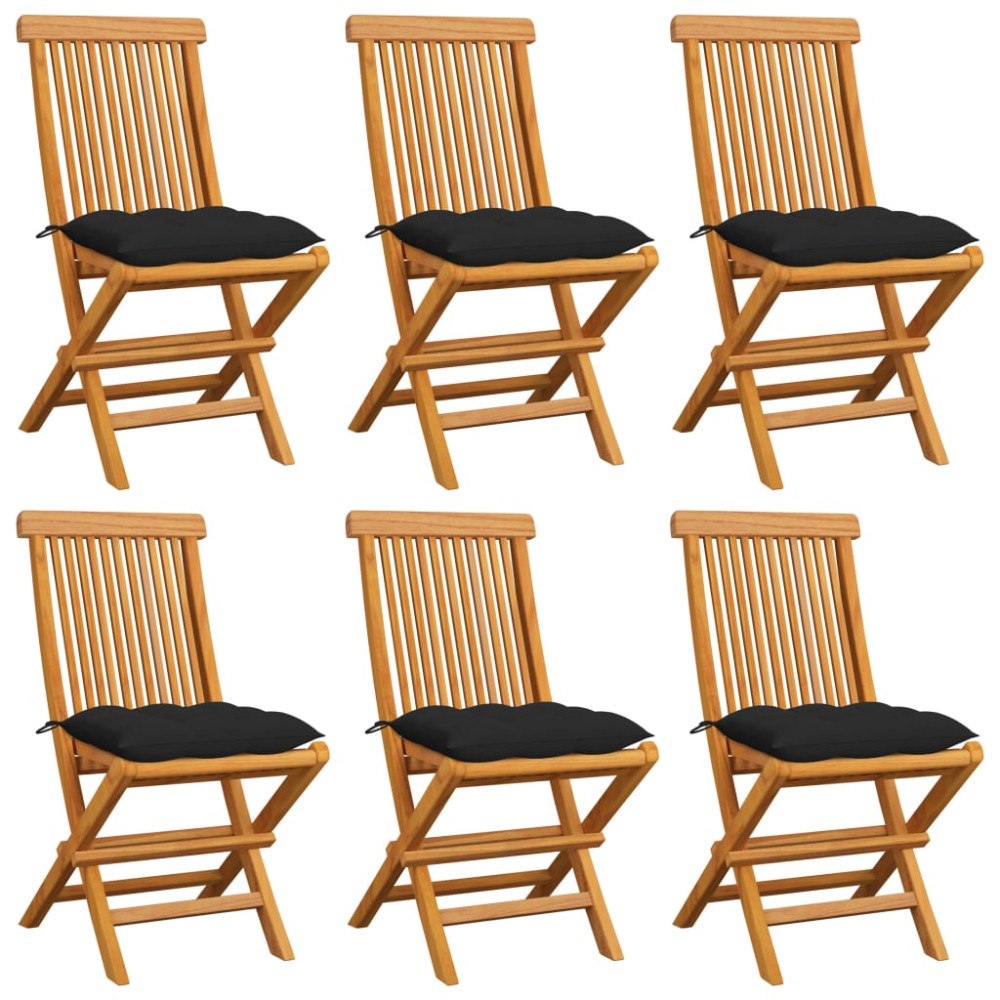 vidaXL Trädgårdsstolar 6 st med svarta dynor massiv teak