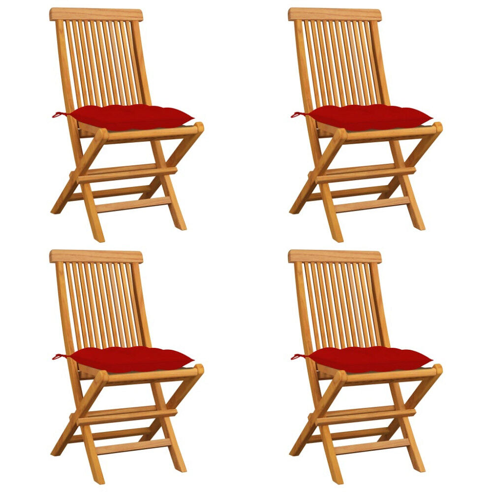 vidaXL Trädgårdsstolar med röda dynor 4 st massiv teak