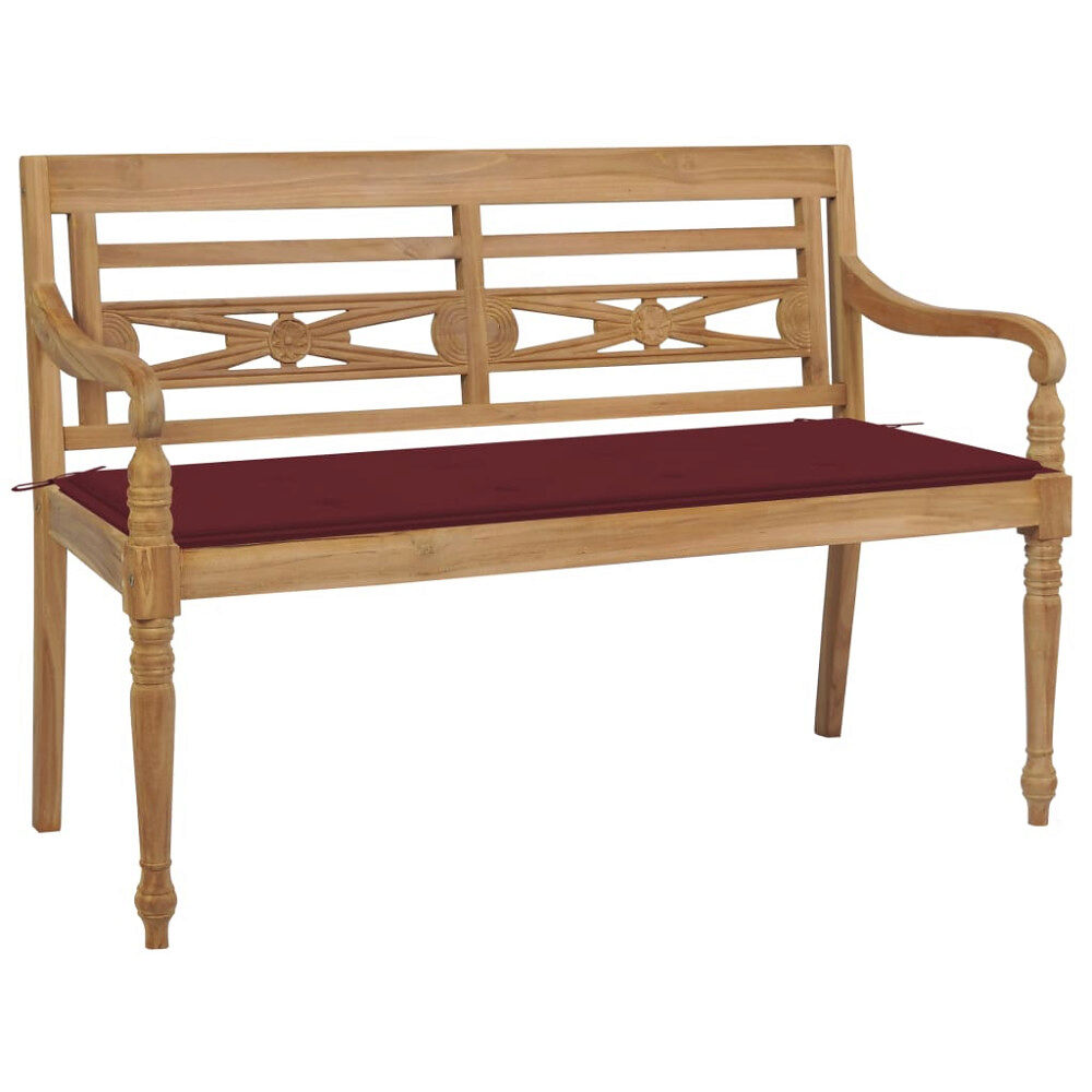 vidaXL Bataviabänk med vinröd dyna 120 cm massiv teak
