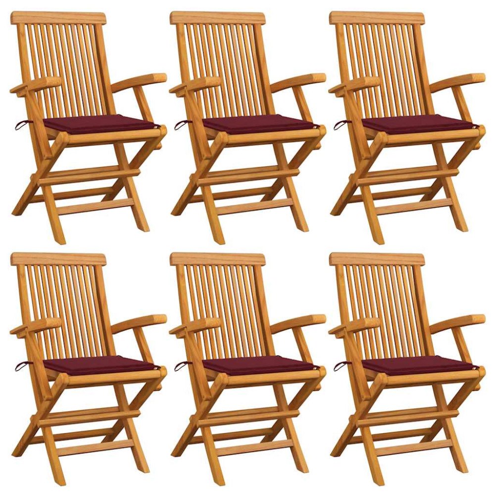 vidaXL Trädgårdsstolar med vinröda dynor 6 st massiv teak