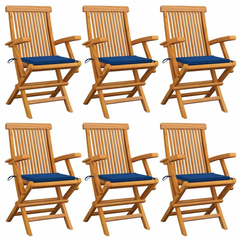 vidaXL Trädgårdsstolar med kungsblåa dynor 6 st massiv teak