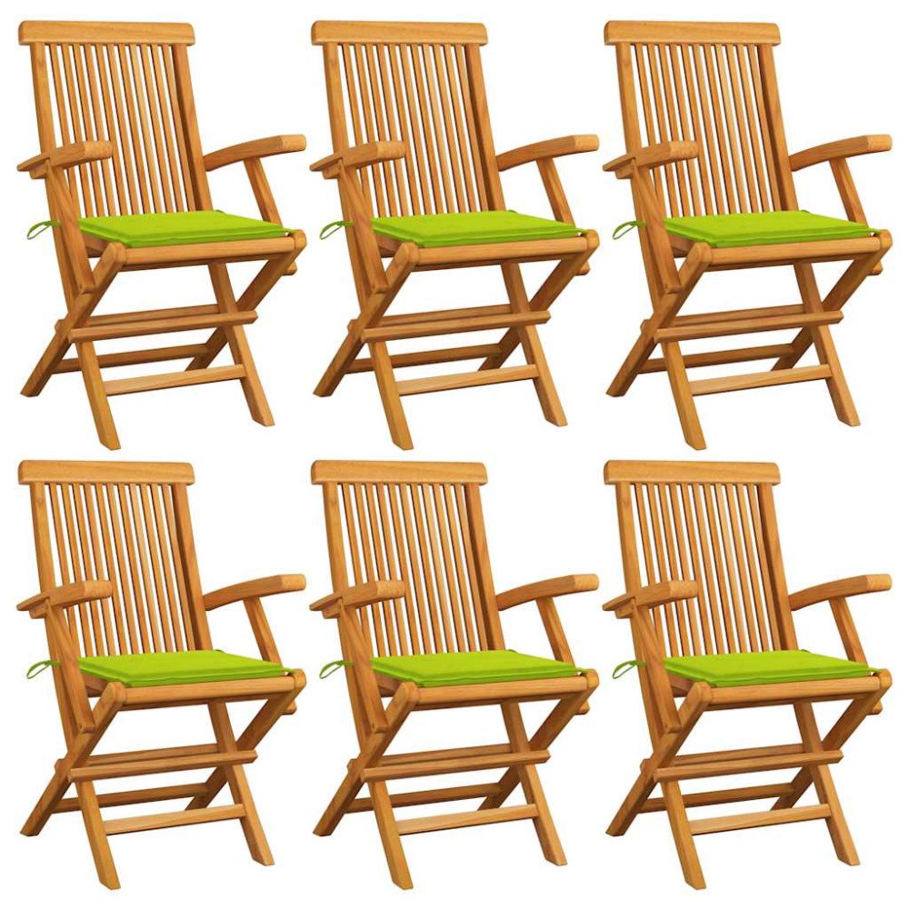 vidaXL Trädgårdsstolar med ljusgröna dynor 6 st massiv teak