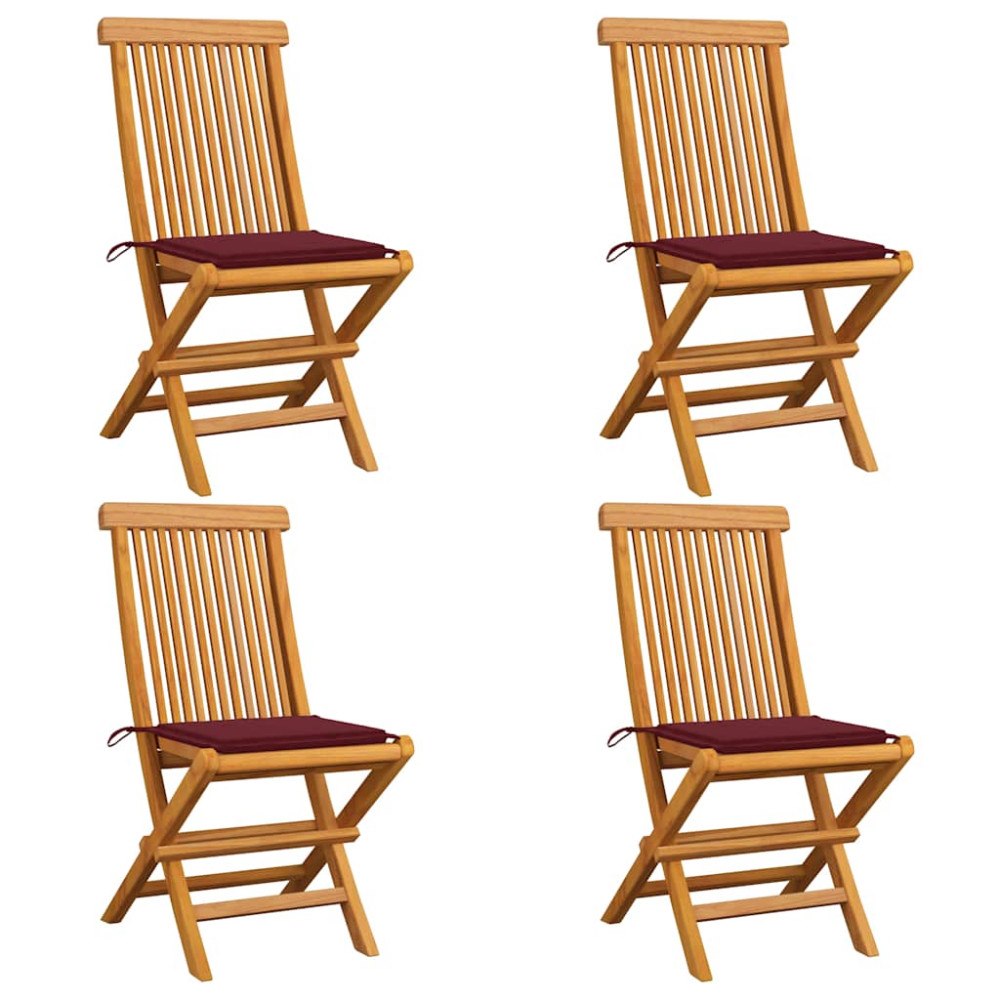 vidaXL Trädgårdsstolar med vinröda dynor 4 st massiv teak