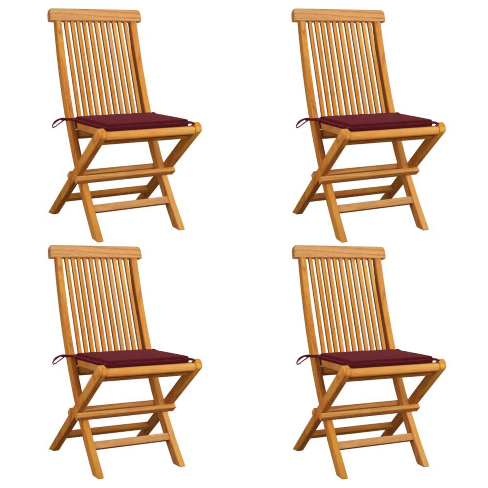 vidaXL Trädgårdsstolar med vinröda dynor 4 st massiv teak