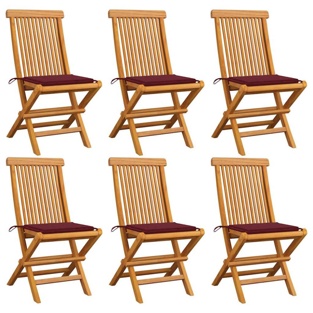 vidaXL Trädgårdsstolar med vinröda dynor 6 st massiv teak