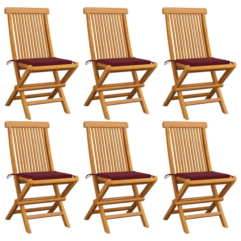 vidaXL Trädgårdsstolar med vinröda dynor 6 st massiv teak