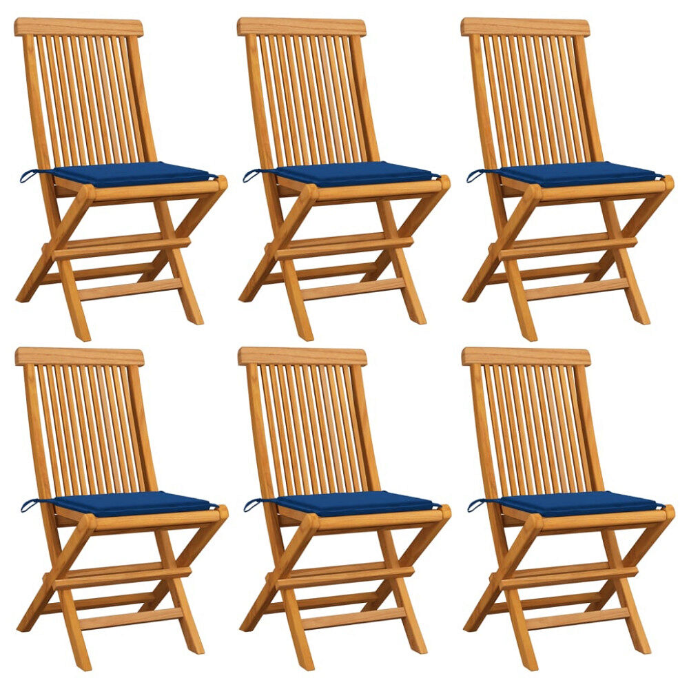 vidaXL Trädgårdsstolar med kungsblåa dynor 6 st massiv teak