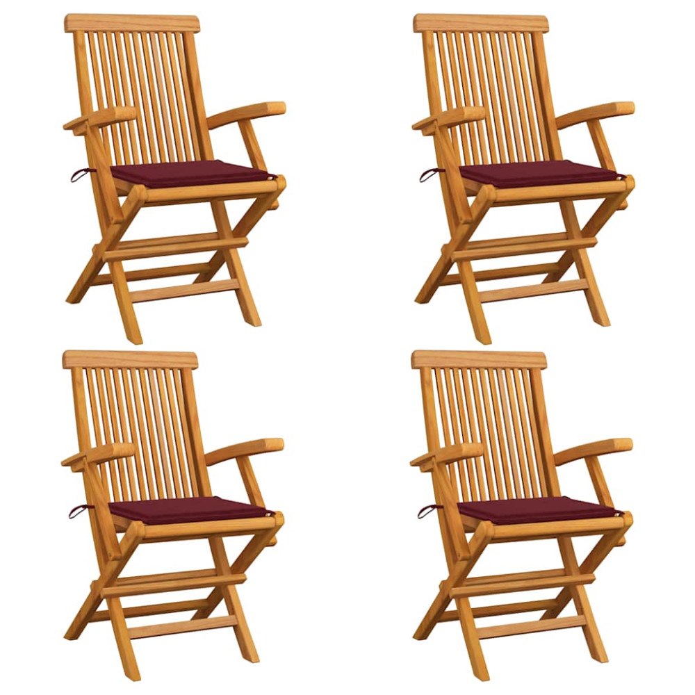 vidaXL Trädgårdsstolar med vinröda dynor 4 st massiv teak