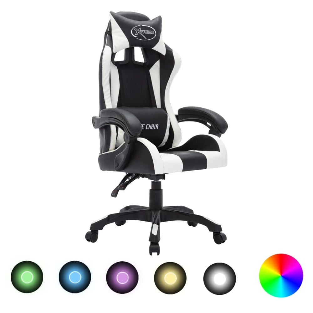 vidaXL Gamingstol med RGB LED-lampor vit och svart konstläder