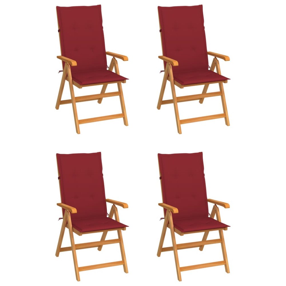 vidaXL Trädgårdsstolar med vinröda dynor 4 st massiv teak
