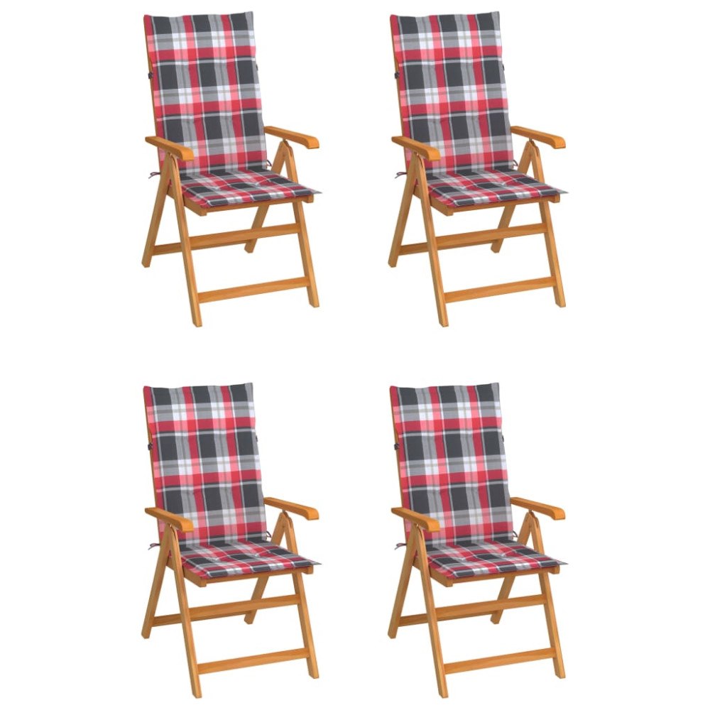 vidaXL Trädgårdsstolar rödrutiga dynor 4 st massiv teak