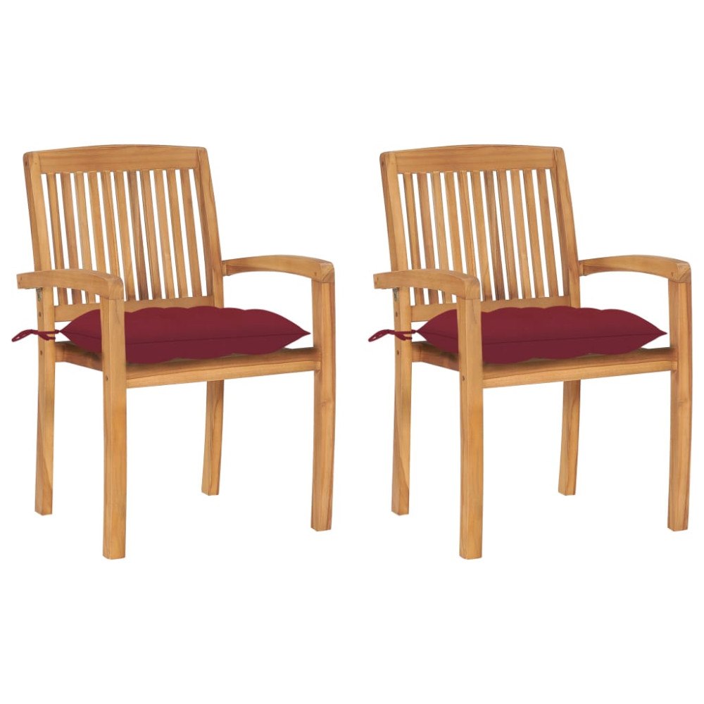 vidaXL Trädgårdsstolar 2 st med vinröda dynor massiv teak