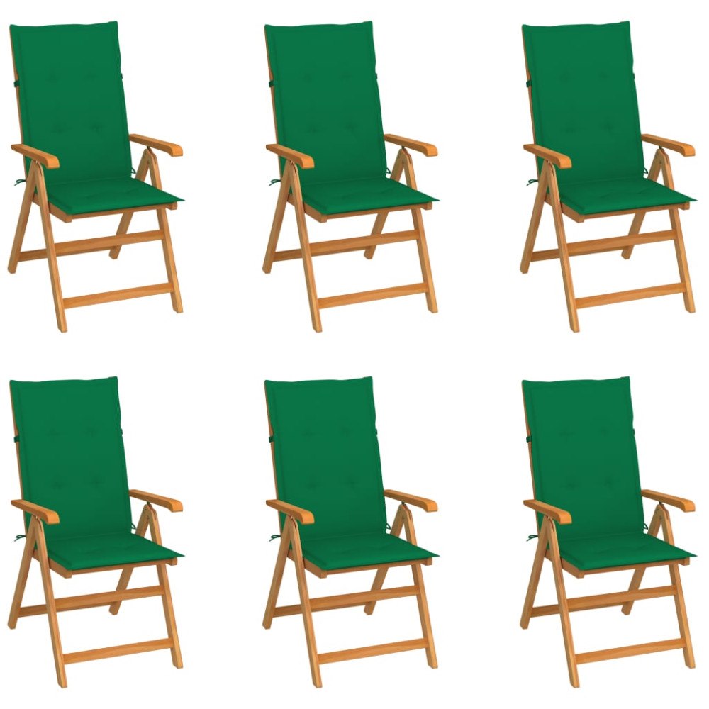 vidaXL Trädgårdsstolar 6 st med gröna dynor massiv teak