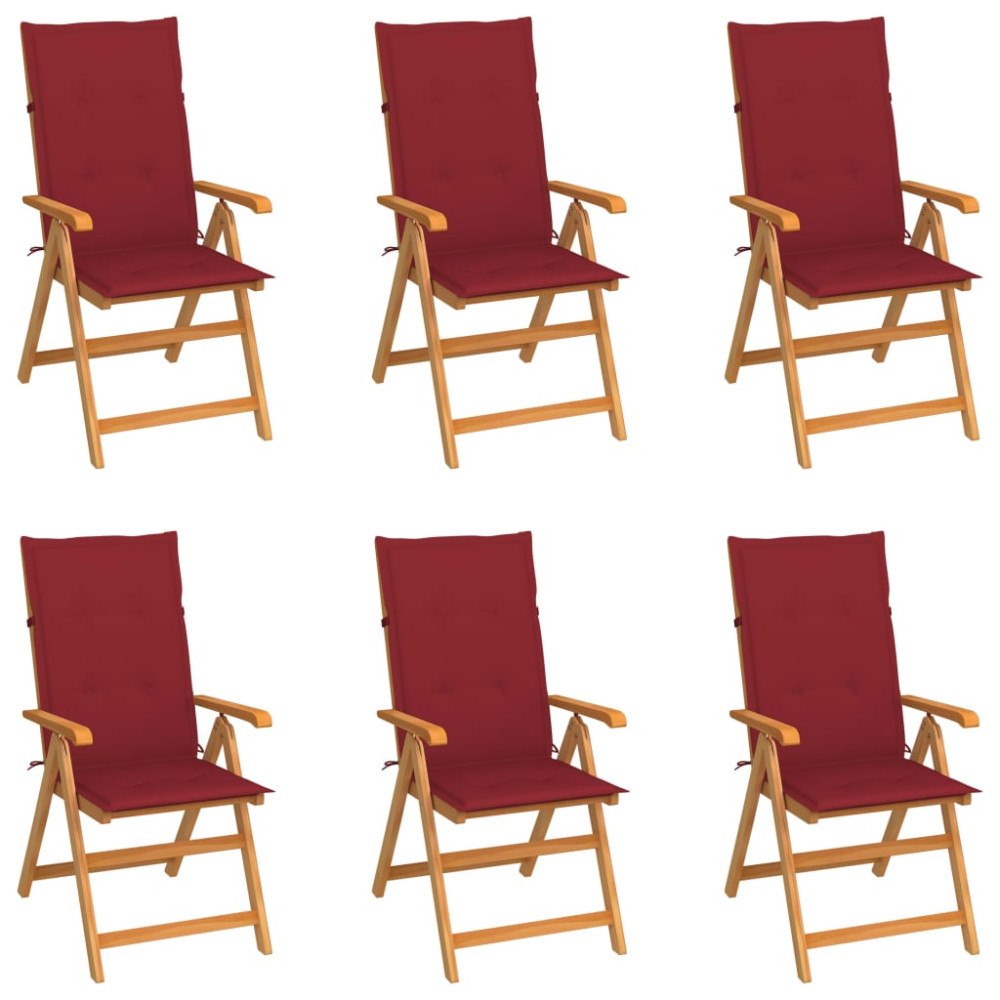 vidaXL Trädgårdsstolar 6 st med vinröda dynor massiv teak