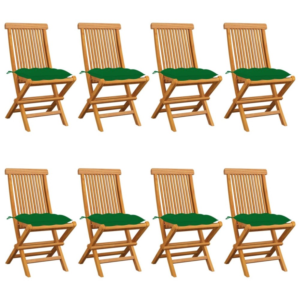 vidaXL Trädgårdsstolar med gröna dynor 8 st massiv teak