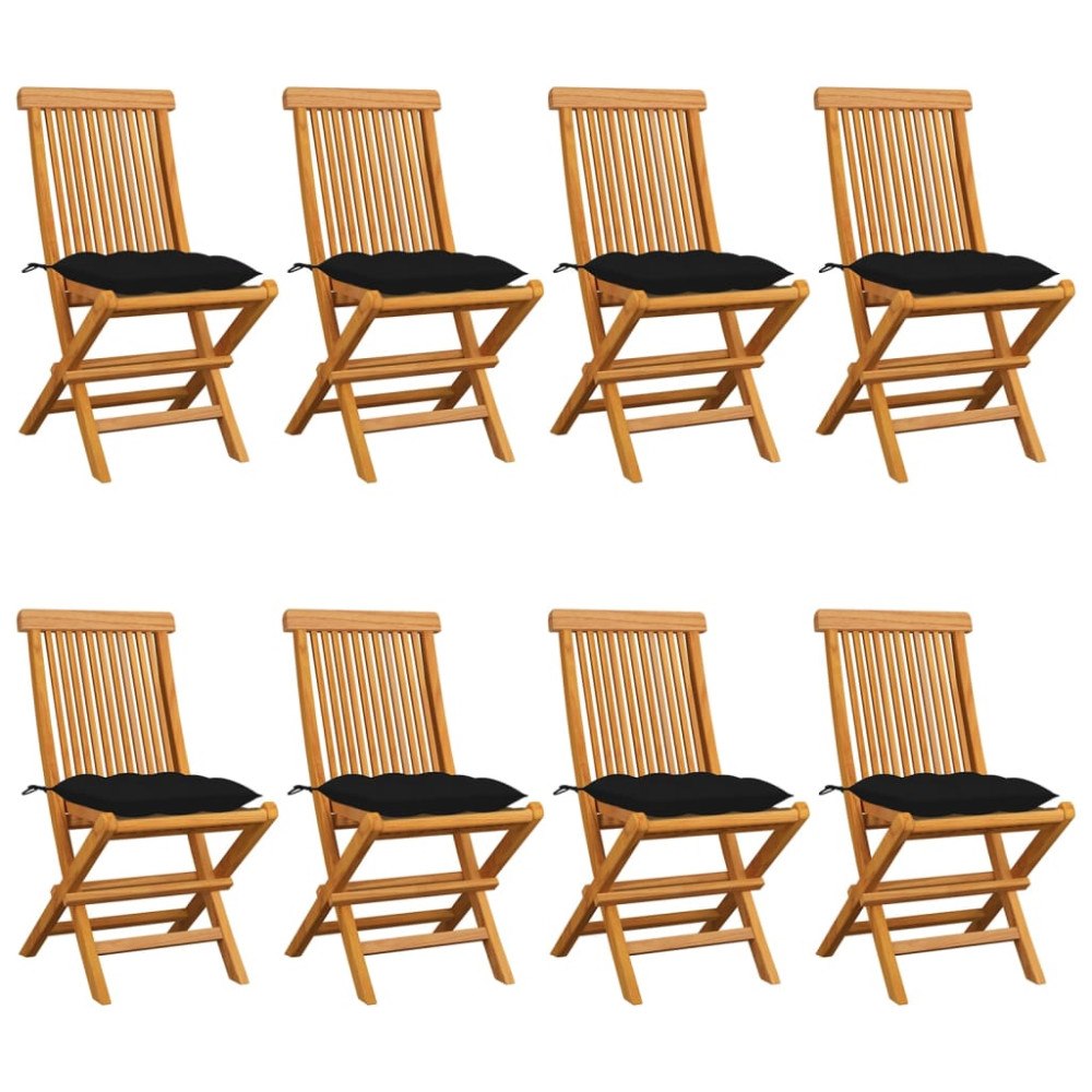 vidaXL Trädgårdsstolar med svarta dynor 8 st massiv teak