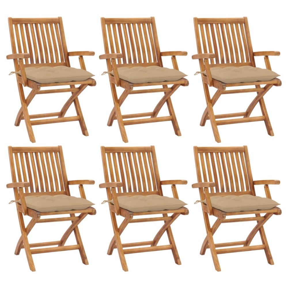 vidaXL Hopfällbara trädgårdsstolar med dynor 6 st massiv teak