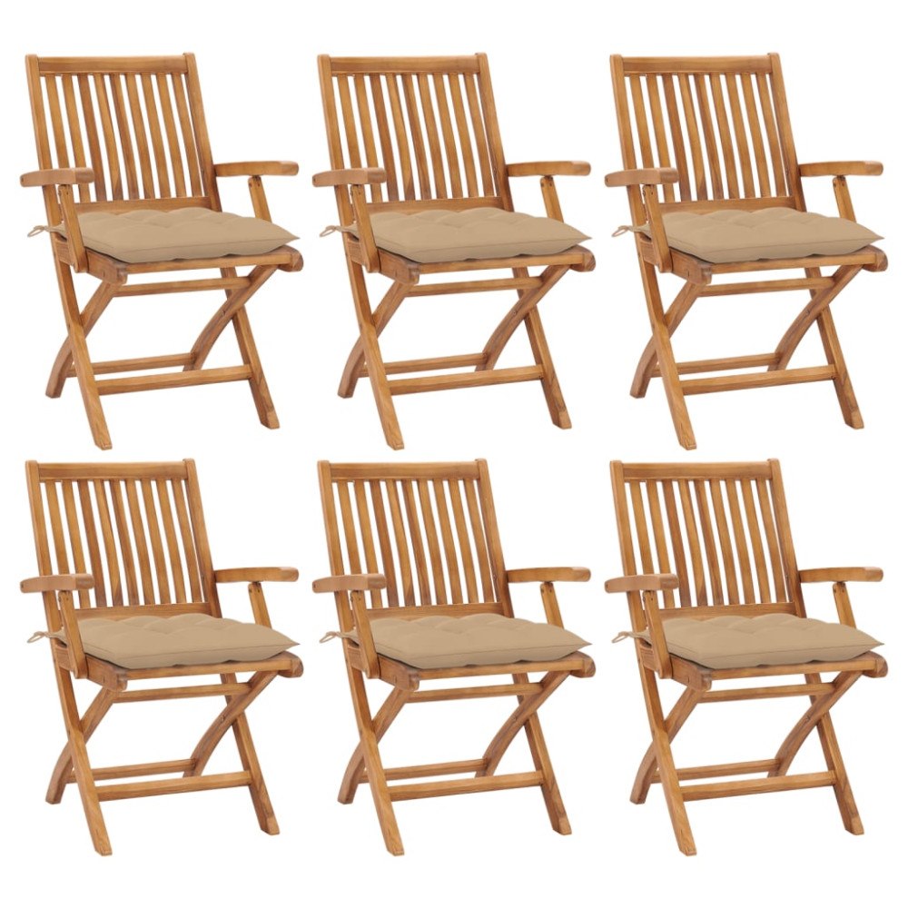 vidaXL Hopfällbara trädgårdsstolar med dynor 6 st massiv teak