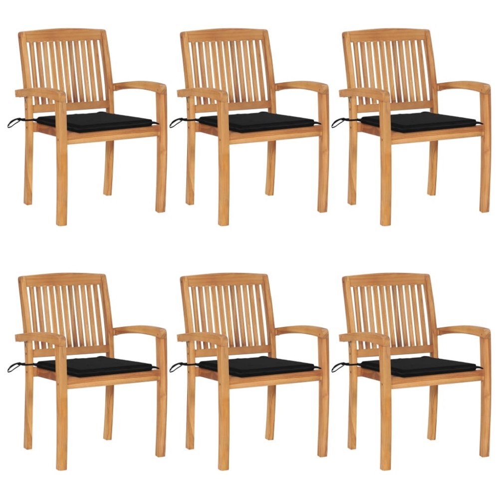 vidaXL Stapelbara trädgårdsstolar med dynor 6 st massiv teak