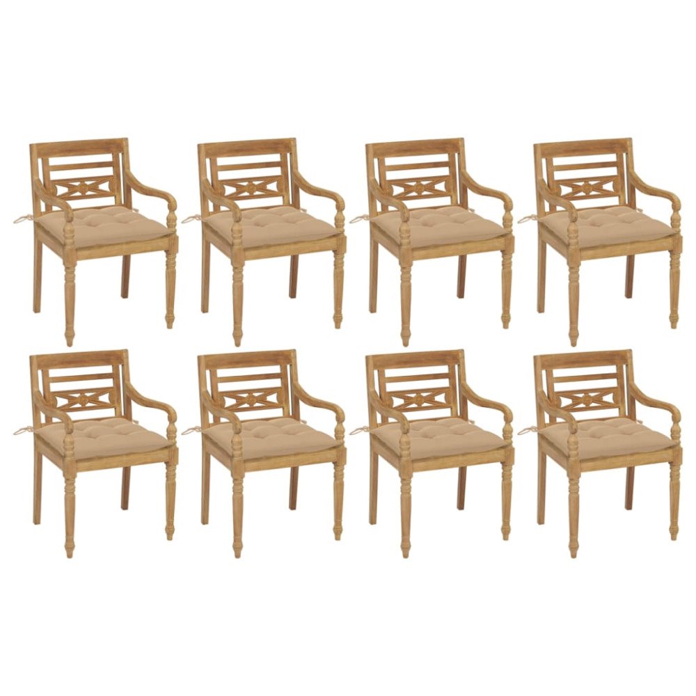 vidaXL Bataviastolar med dynor 8 st massiv teak