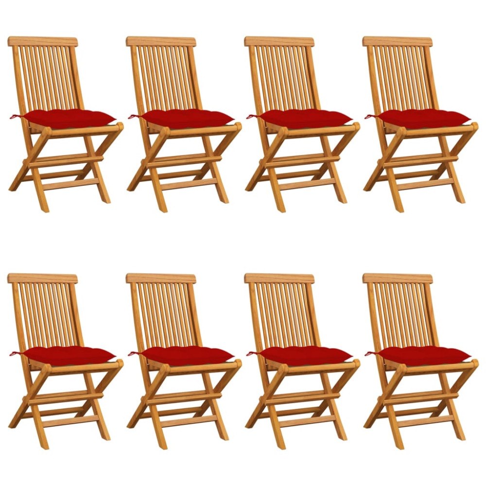 vidaXL Trädgårdsstolar med röda dynor 8 st massiv teak