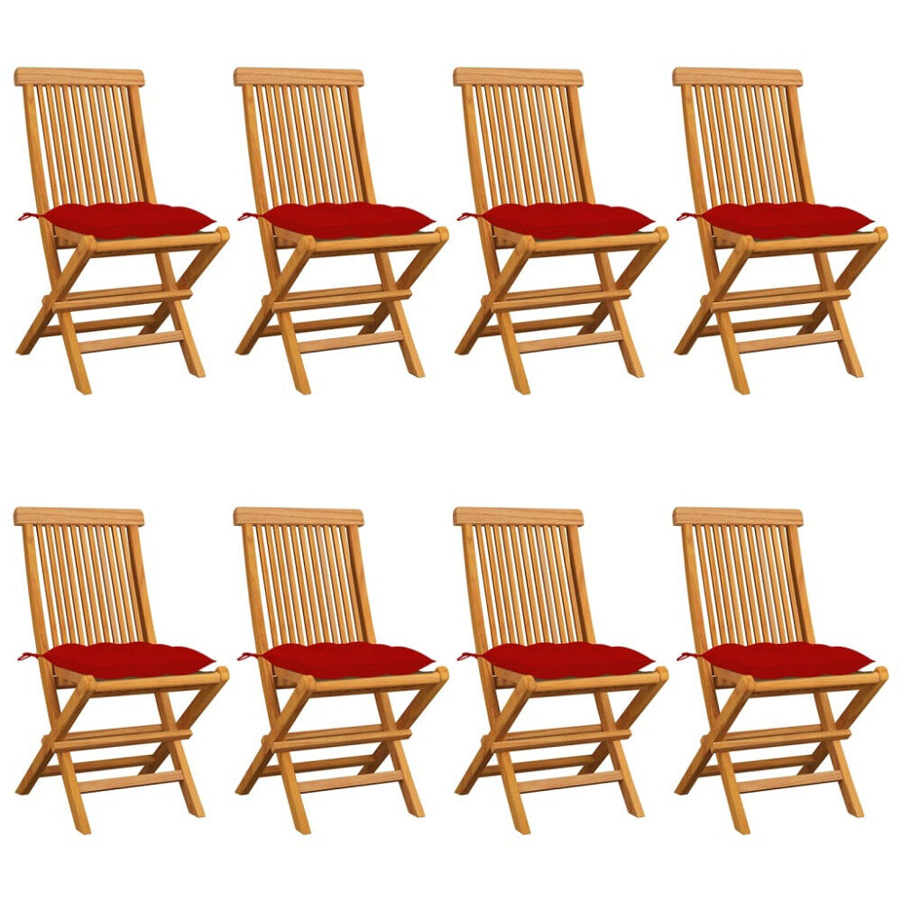 vidaXL Trädgårdsstolar med röda dynor 8 st massiv teak