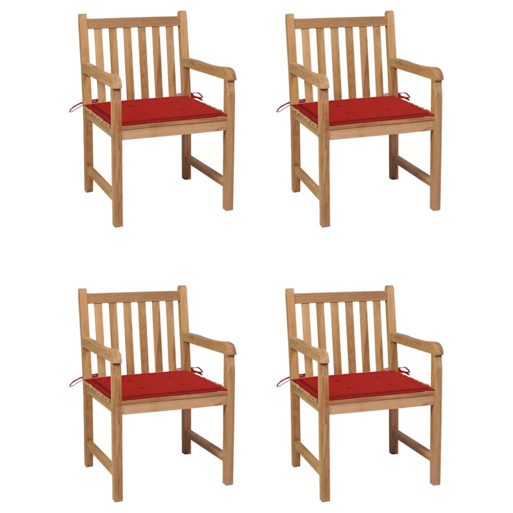 vidaXL Trädgårdsstolar med röda dynor 4 st massiv teak